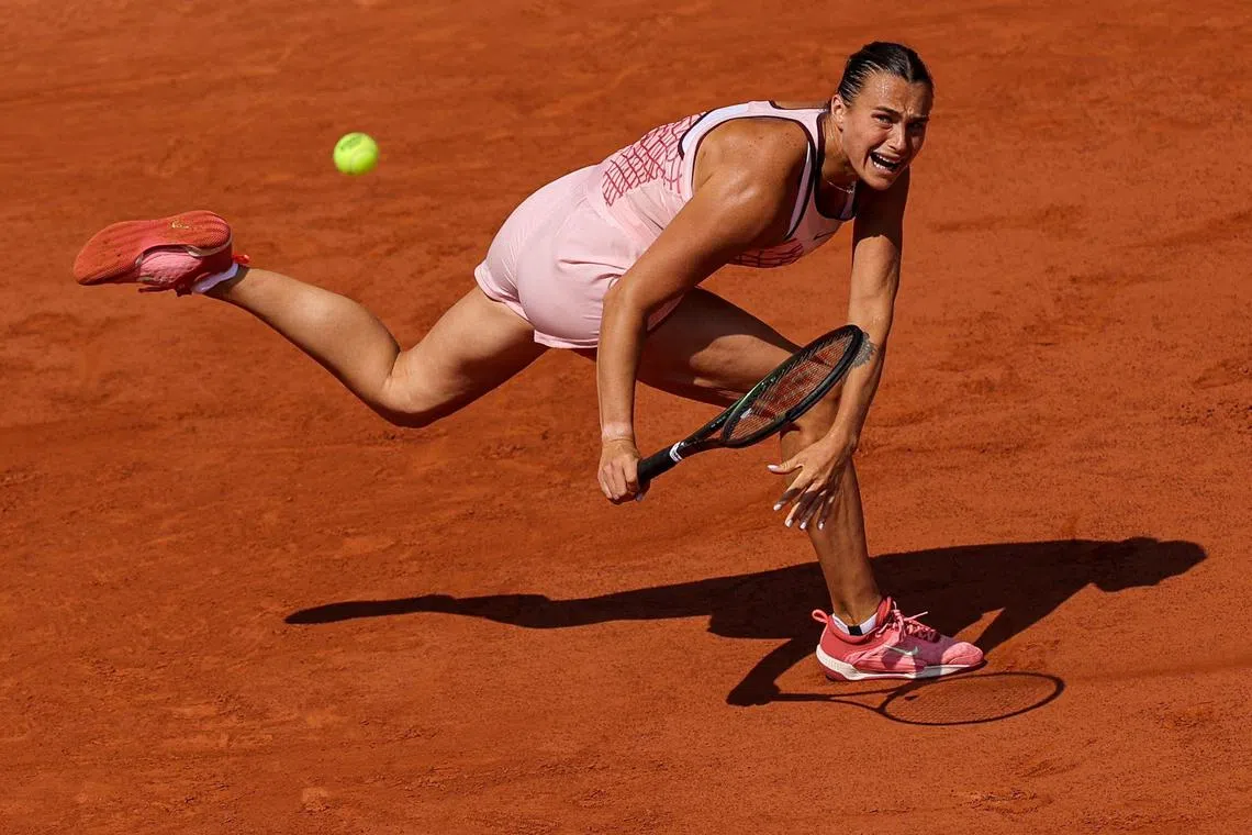 Belarus' Aryna Sabalenka plays a backhand return to Czech Republic's Karolina Muchova during their French Open semi-final.
