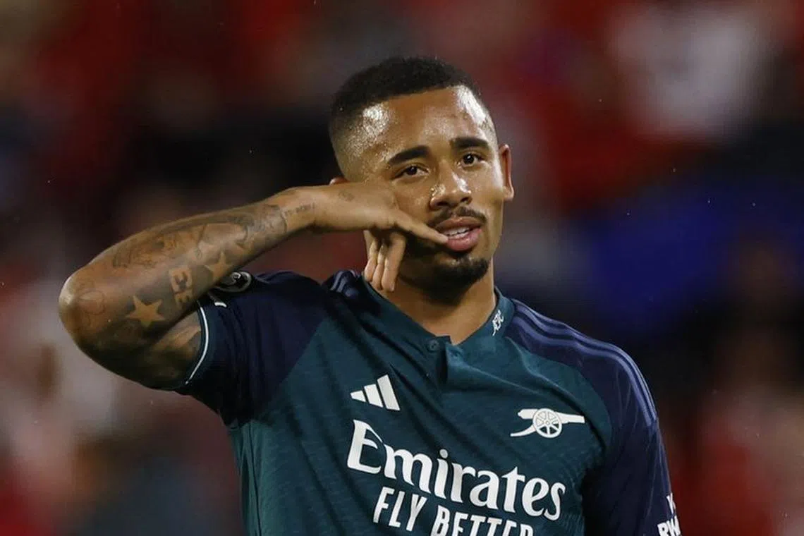 Soccer Football - Champions League - Group B - Sevilla v Arsenal - Ramon Sanchez Pizjuan, Seville, Spain - October 24, 2023 Arsenal's Gabriel Jesus celebrates scoring their second goal REUTERS/Marcelo Del Pozo