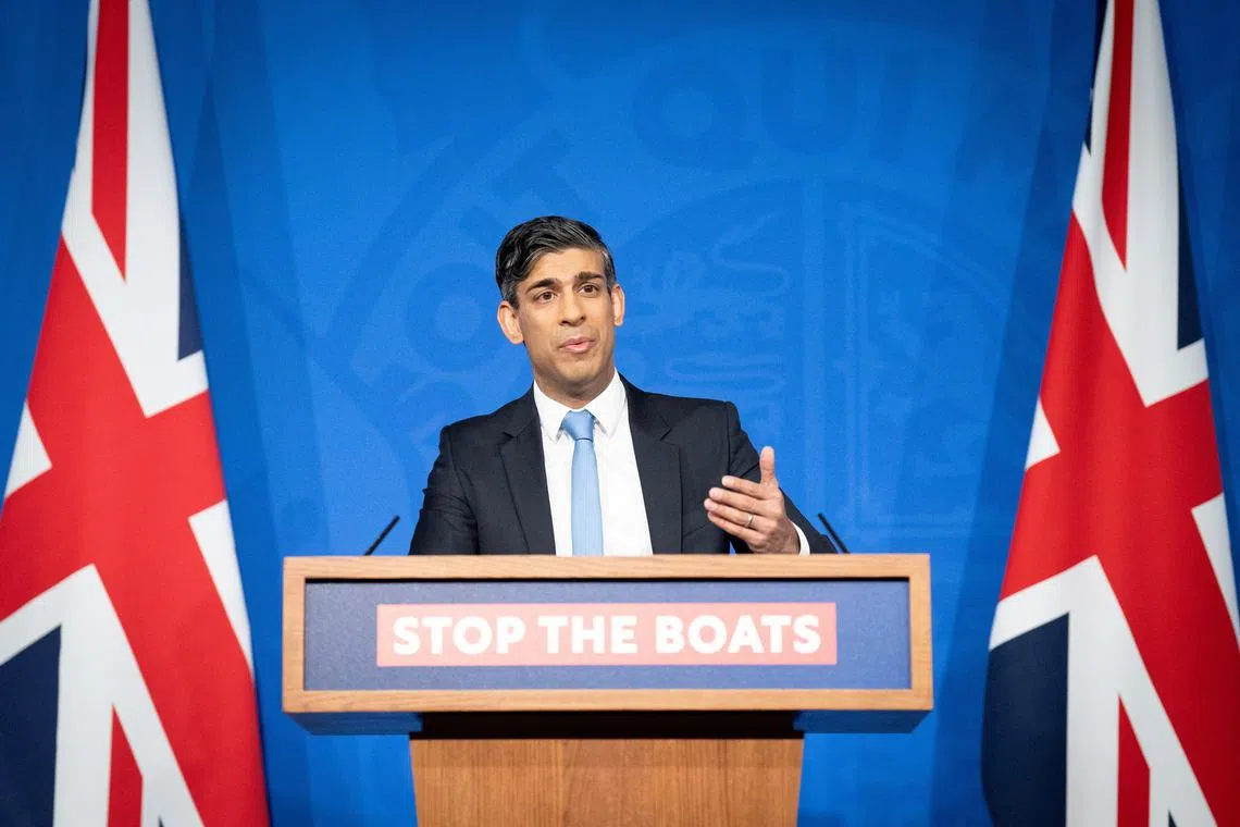 Prime minister, Rishi Sunak speaks during a press conference in Downing Street in London, after he saw the Safety of Rwanda Bill pass its third reading in the House of Commons by a majority of 44 on Wednesday evening. Picture date: Thursday January 18, 2024.  Stefan Rousseau/Pool via REUTERS/File Photo
