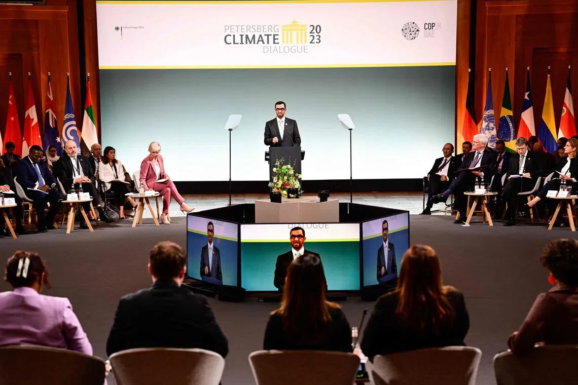 COP28 President Sultan Al Jaber speaks at the Petersberg Climate Dialogue in Berlin on Tuesday. 