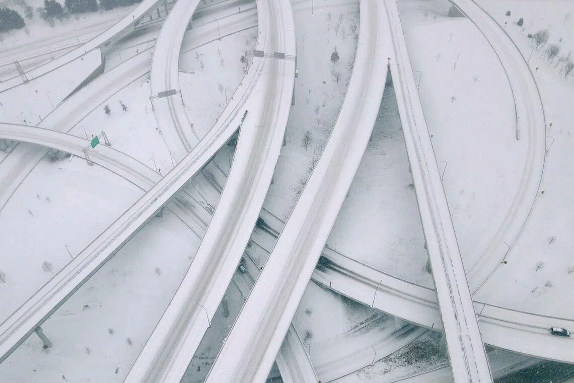 Aerial view of downtown Louisville showing snowy interstate conditions are seen on Jan 25, 2026 in Louisville, Kentucky. 