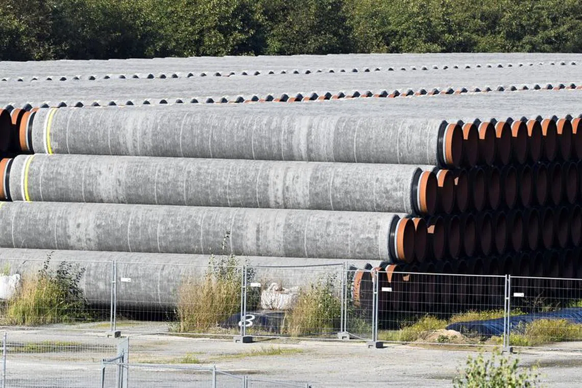 FILE PHOTO: Pipes for the Nord Stream 2 gas pipeline in the Baltic Sea, which are not used, are seen in the harbour of Mukran, Germany, on September 30, 2022. REUTERS/Fabian Bimmer
