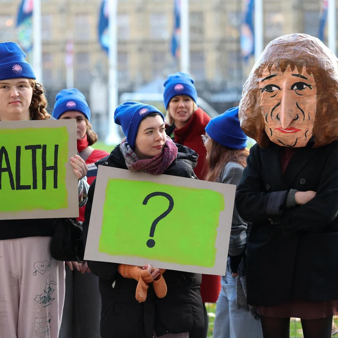 A campaigner dressed as Rachel Reeves joins a demonstration in favour of wealth taxes in London, Britain, Nov 25, 2025.