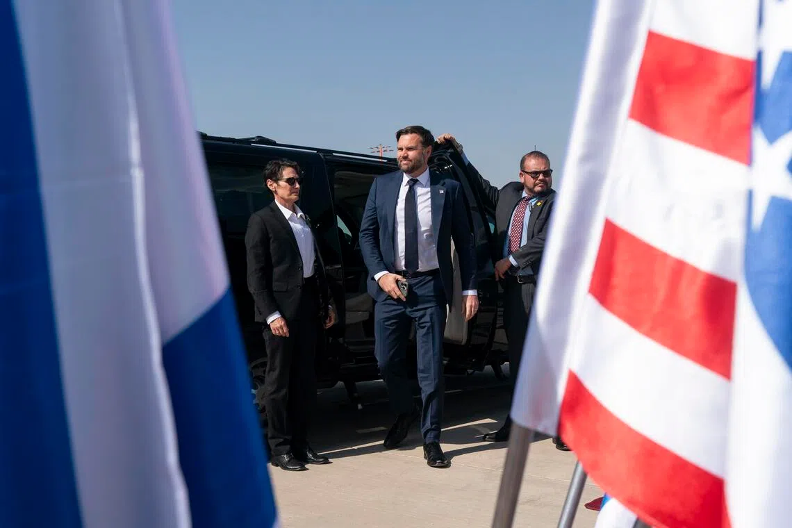 US Vice-President J.D. Vance arriving with Secret Service agents to board Air Force Two in Israel in 2025.