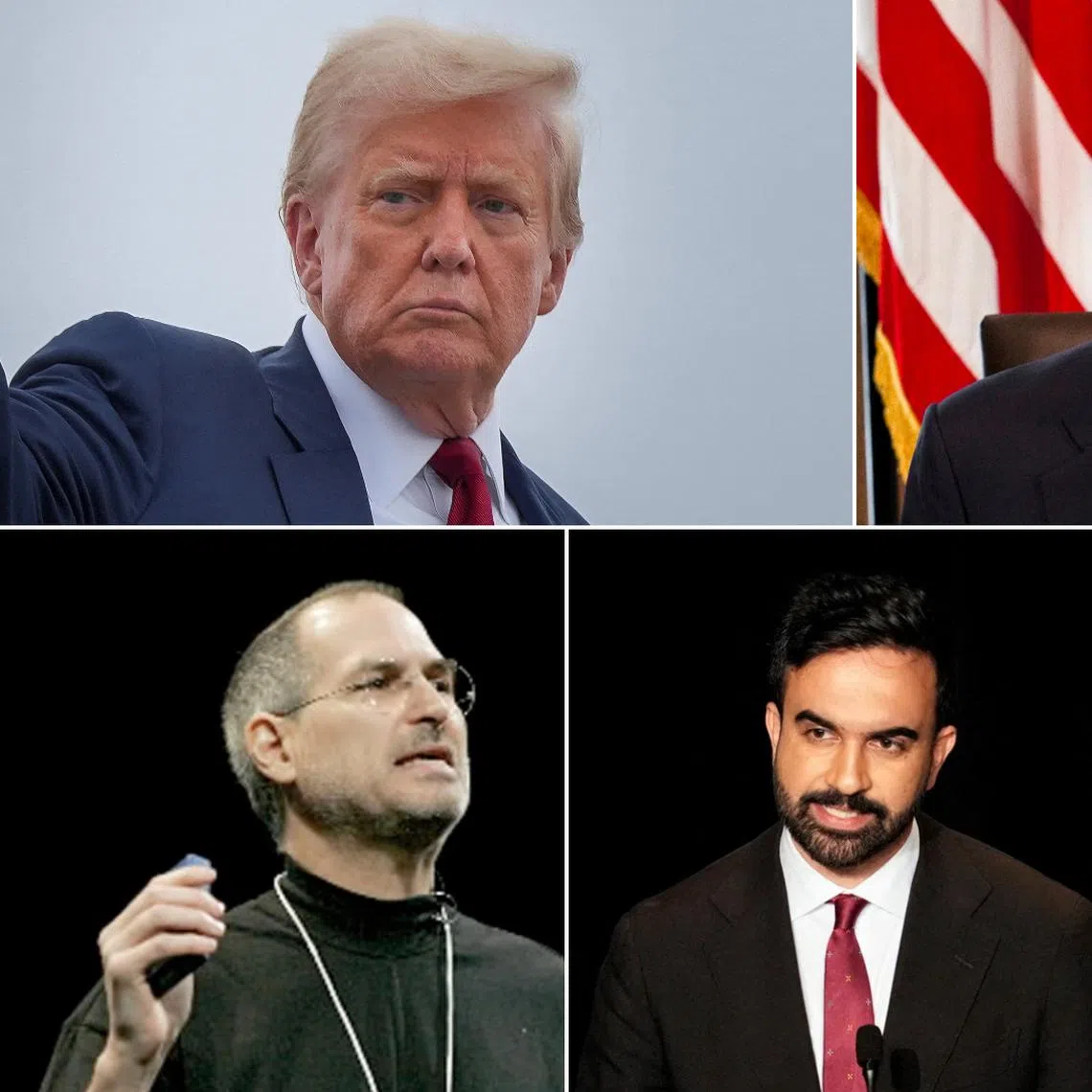 (Clockwise from top left) US President Donald Trump, former US president Barack Obama, former New Zealand prime minister Jacinda Ardern, US politician Zohran Mamdani and Apple co-founder Steve Jobs.
