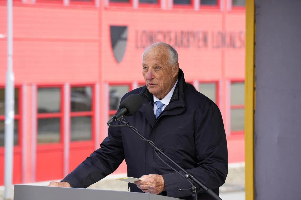 Norway's King Harald addresses a gathering in Longyearbyen, Spitsbergen Island, Svalbard archipelago, Norway, June 16, 2025. NTB/Cornelius Poppe/via REUTERS