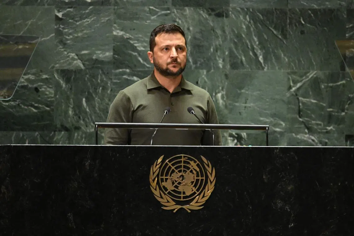 Ukrainian President Volodymyr Zelensky addresses the United Nations General Assembly, in New York City.