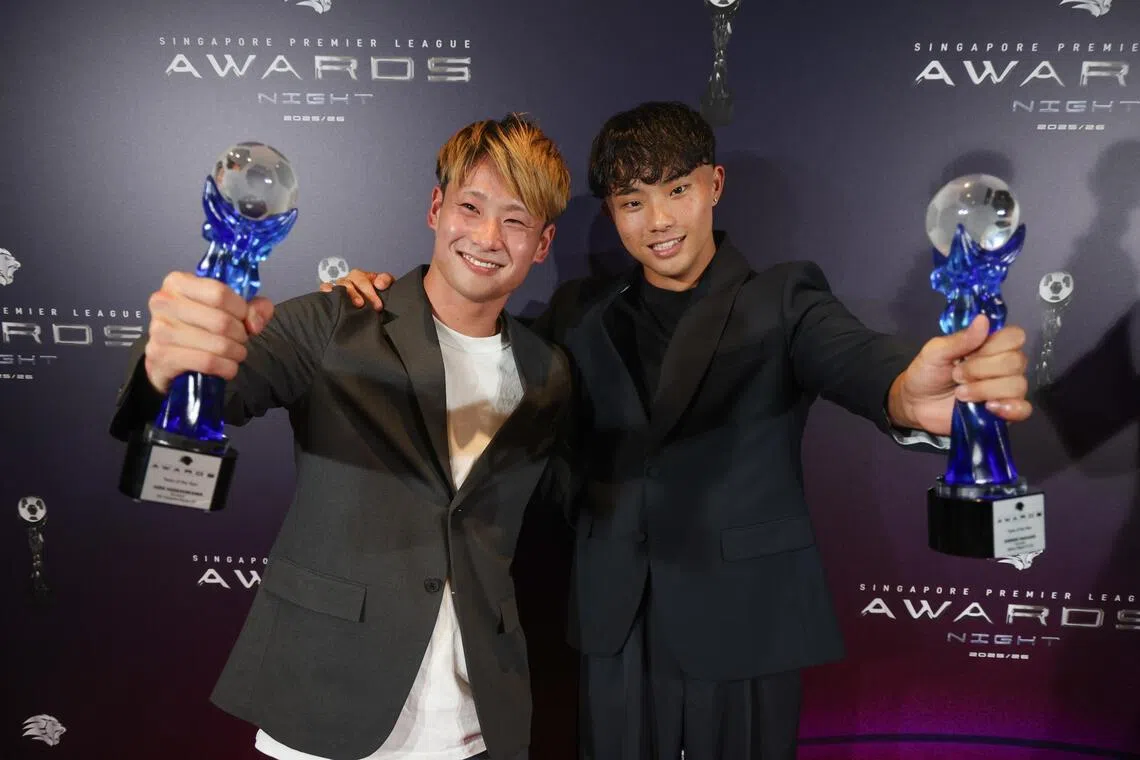 SPL Player of the Year Hide Higashikawa (left) and Young Player of the Year Shingo Nakano at the SPL Awards Night at Raffles City Convention Centre on May 22.