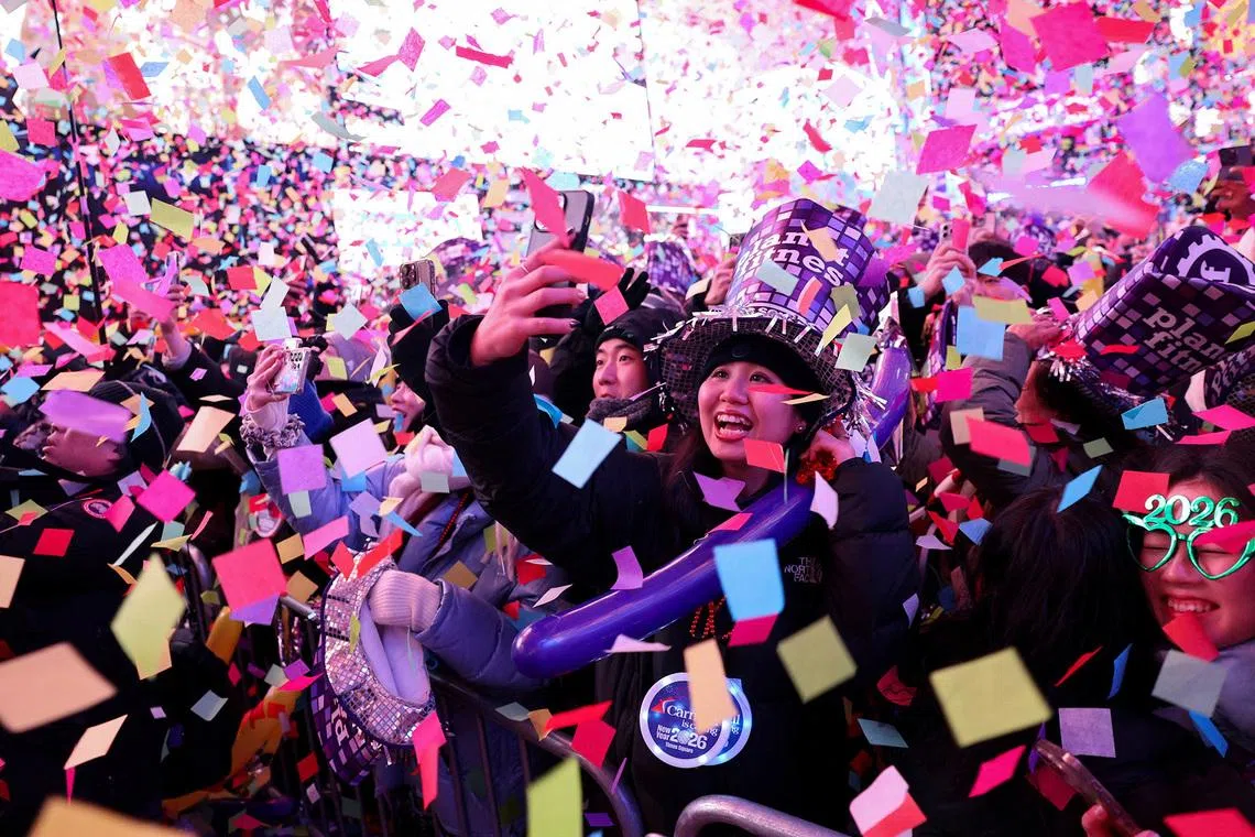 People celebrating the New Year at Times Square in New York City on Jan 1, 2026. 