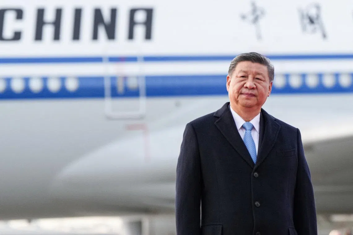 Chinese President Xi Jinping takes past in a welcoming ceremony upon his arrival at an airport in Moscow, Russia, May 7, 2025. Alexander Vilf/Host agency Ria Novosti/Handout via REUTERS/File Photo