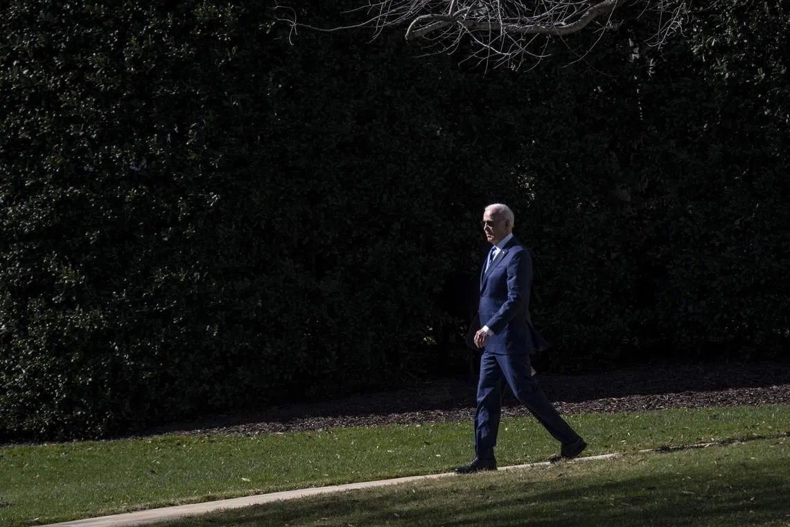 President Joe Biden walks from the Oval Office across the South Lawn of the White House as he departs aboard Marine One in Washington, on Wednesday, Feb. 7, 2024. Biden shields Palestinians in the U.S. from deportation; the president, who is facing mounting criticism over U.S. support for Israel, used an authority that exempts people from deportation if their homeland is in crisis. (Pete Marovich/The New York Times)