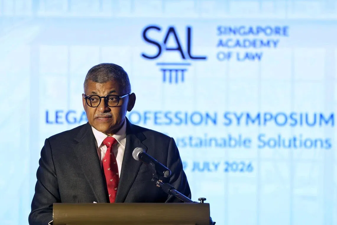 Outgoing Chief Justice Sundaresh Menon delivering the opening address during the Legal Profession Symposium on July 29, 2026.
