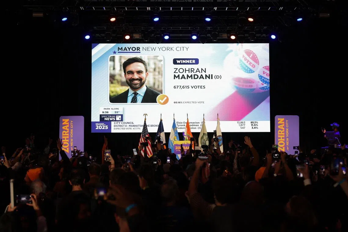 A screen shows New York City mayoral candidate Zohran Mamdani declared the winner during his election night event in Brooklyn, New York, on Nov 4.