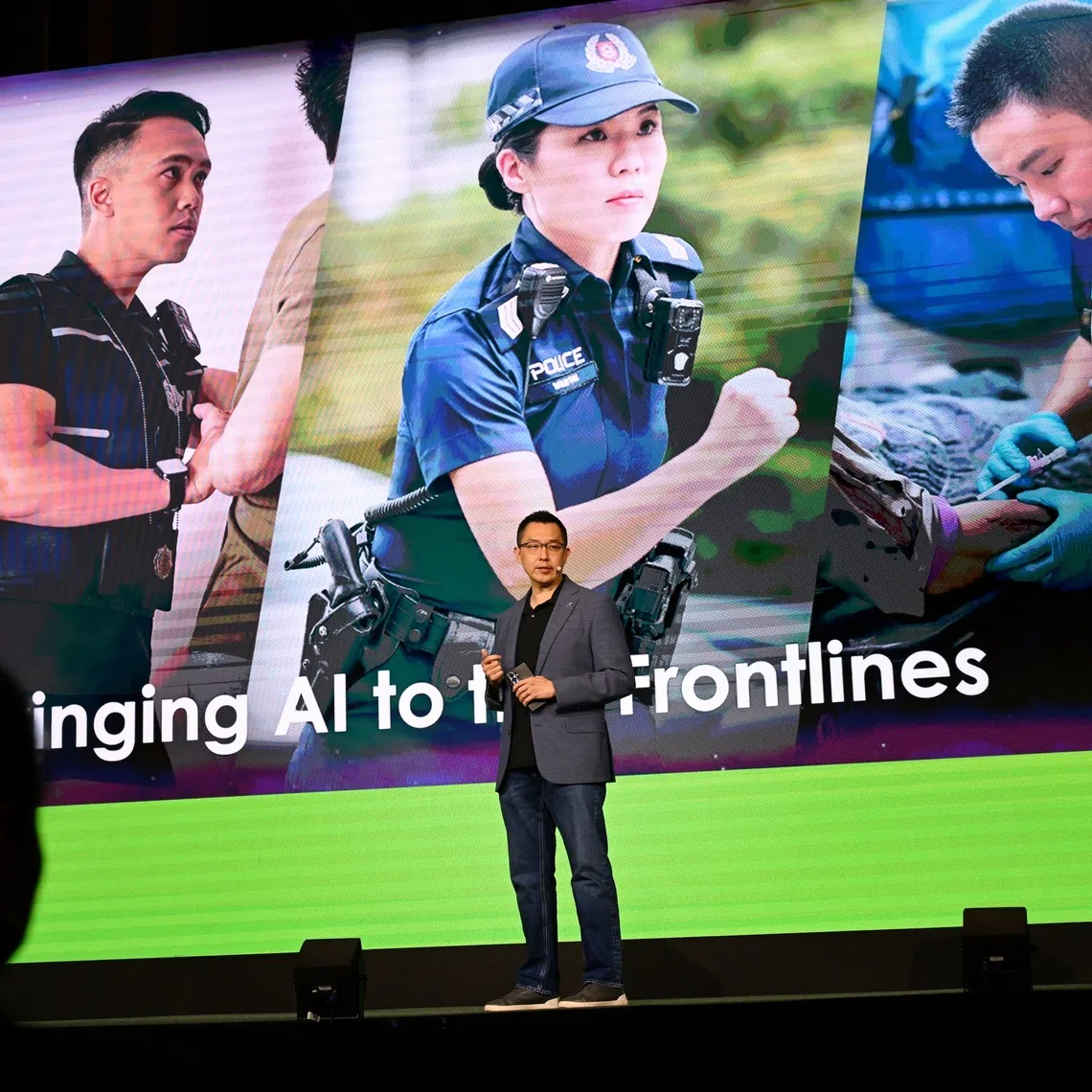 The Home Team Science and Technology Agency’s (HTX) chief AI officer Ang Chee Wee speaking at the NVIDIA AI Day conference in Singapore on Sept 23.