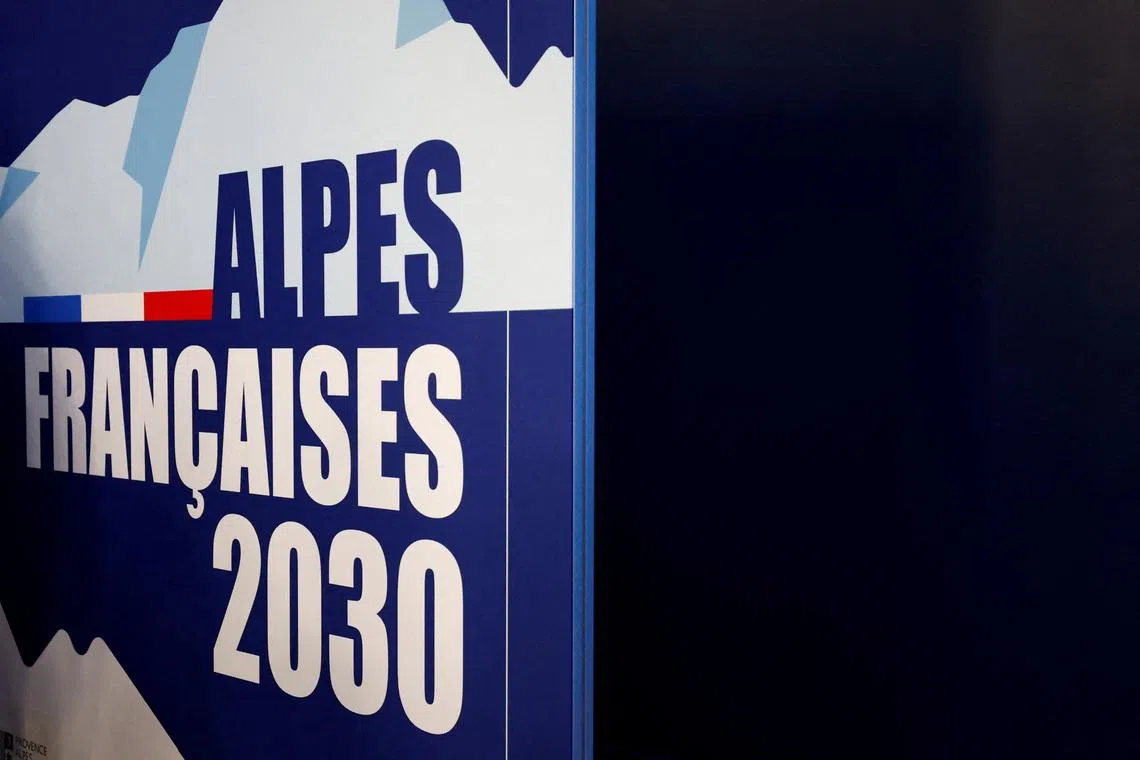 FILE PHOTO: The logo of \"French Alps 2030\" at the press conference of the launch of the Organizing Commitee for the 2030 French Alps Olympic and Paralympic Winter Games in Lyon, France, February 18, 2025. REUTERS/Manon Cruz/File Photo