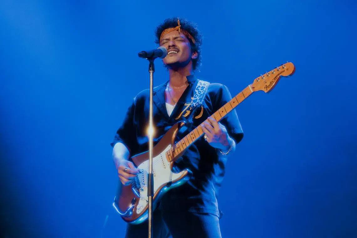 /Bruno Mars performing at National Stadium on Apr 3, 2024, the first of his three night concerts in Singapore. PHOTO: DANIEL RAMOS