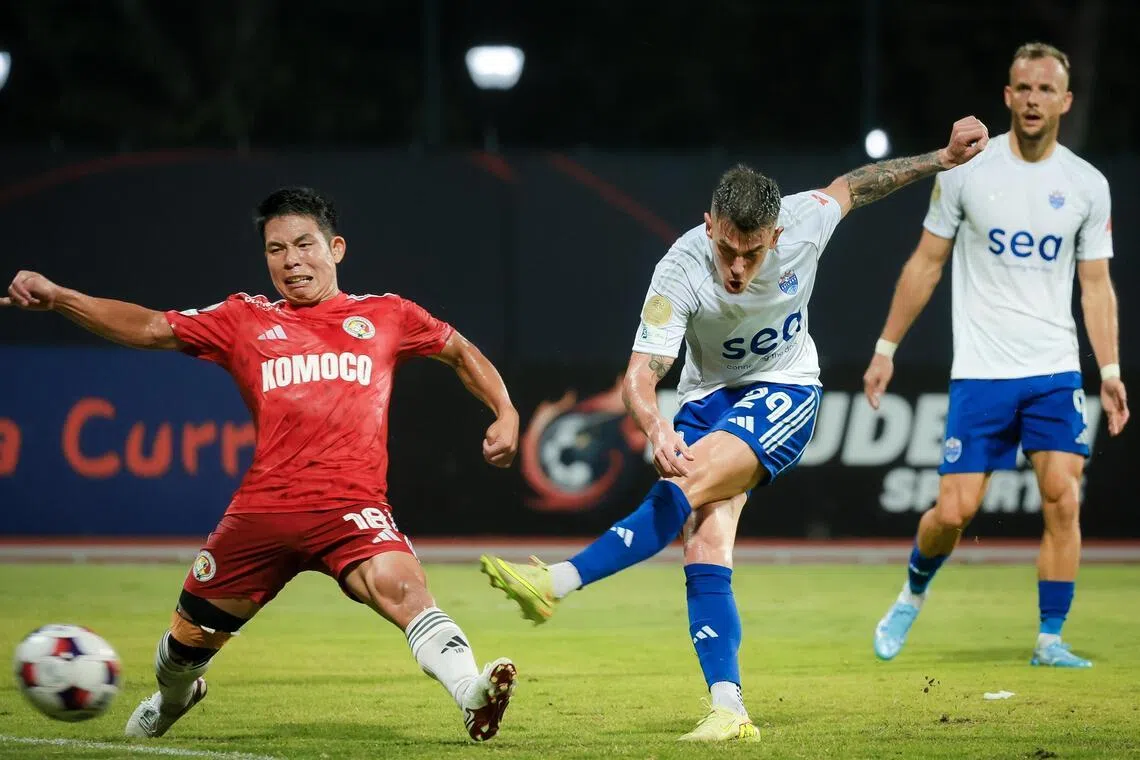 Lion City Sailors’ Diogo Costa (white, 29) scores the first goal against Balestier Khalsa during the Singapore Premier League match at Bishan Stadium on March 15, 2026.