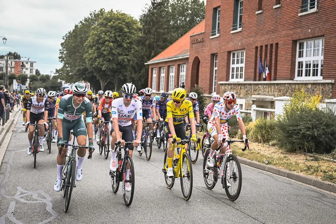 (From Left to Right) Jasper Philipsen, Tadej Pogacar, Jonas Vingegaard and Giulio Ciccone will compete in the Tour de France Prudential Singapore Criterium on Oct 28-29.