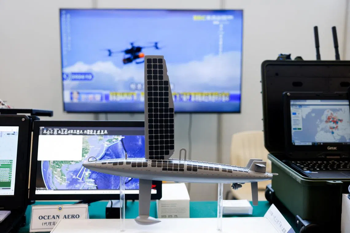 A drone model is displayed at Ocean Aero during a sea drone event in Yilan, Taiwan, June 17, 2025. REUTESR/Ann Wang