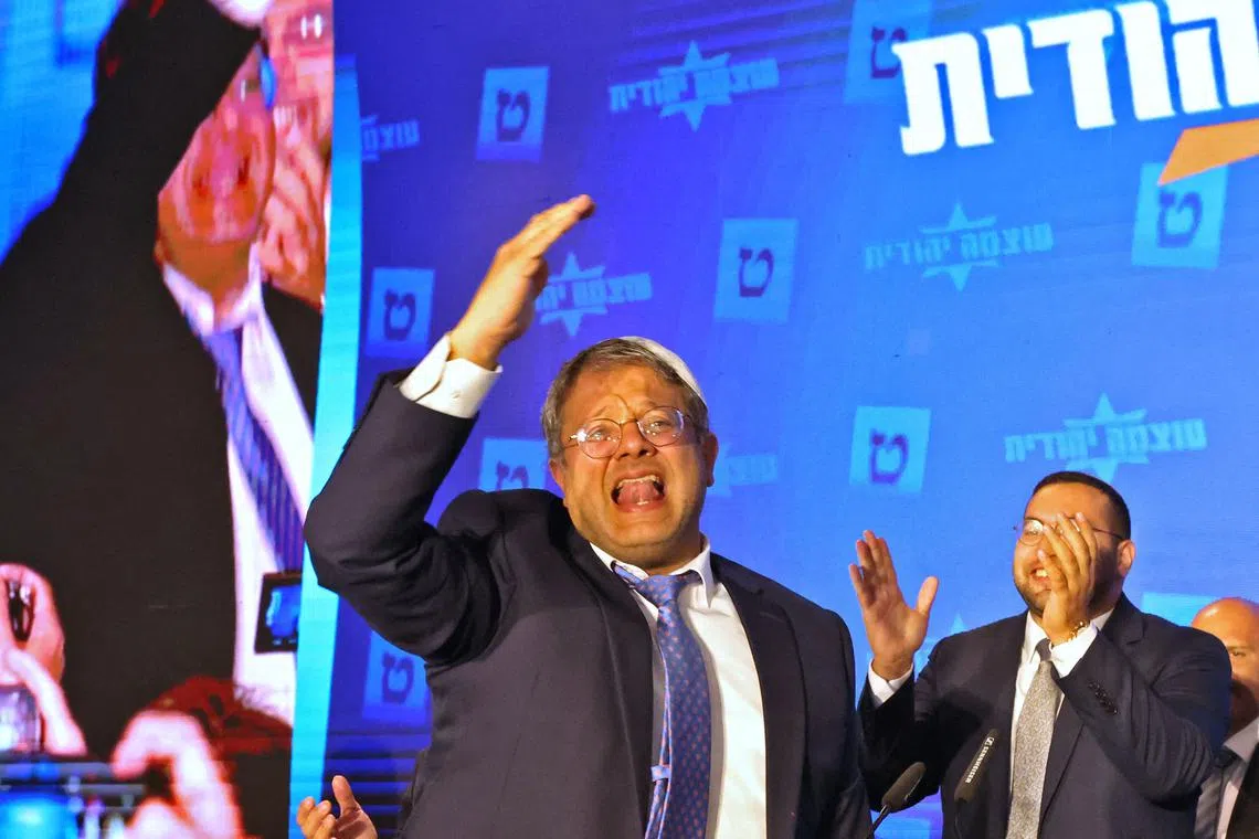 Mr Itamar Ben Gvir, leader of Israel's far-right Otzma Yehudit (Jewish Power) party, addresses election supporters in Jerusalem on Nov 2, 2022.
