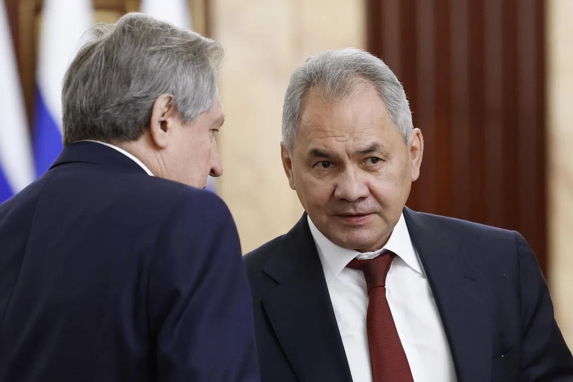 Russian Defence Minister Sergei Shoigu (right) met in Moscow with Turkish and Syrian counterparts Hulusi Akar and Ali Mahmoud Abbas.