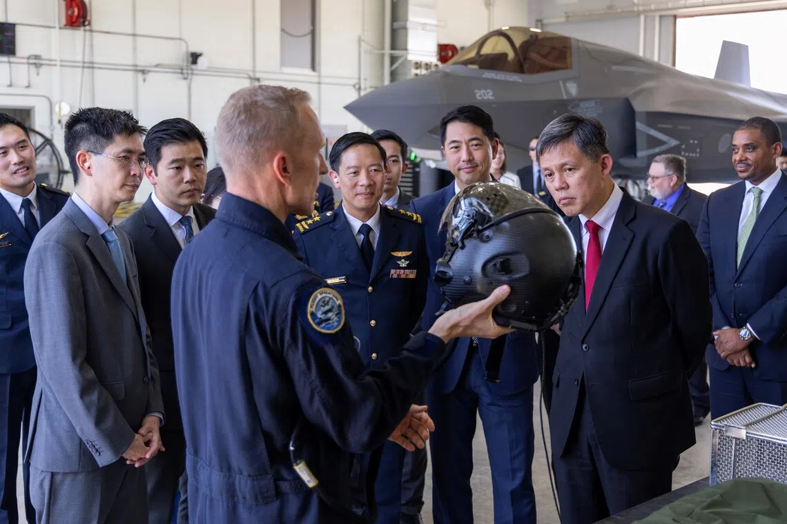 Defence Minister Chan Chun Sing being briefed on the F-35 programme, its capabilities, and the production process during his visit to Lockheed Martin's production facility in Fort Worth, Texas.