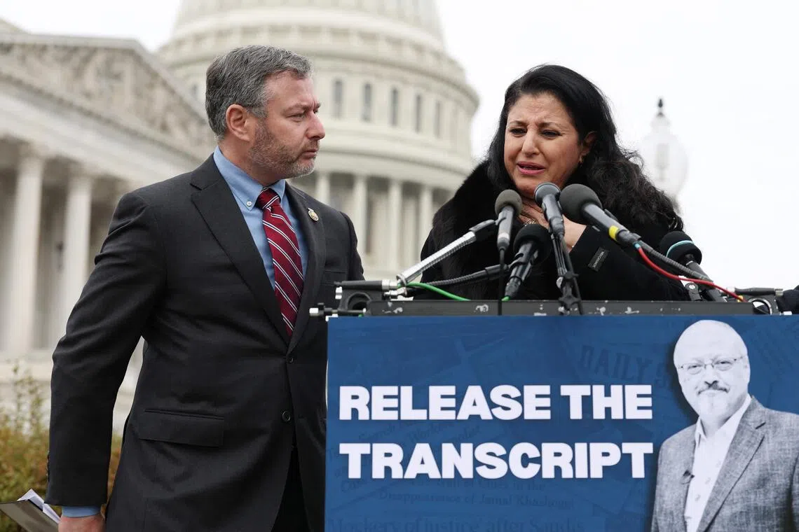 Representative Eugene Vindman (left) and the widow of murdered journalist Jamal Khashoggi, Ms Hanan Elatr Khashoggi, giving a news conference at the US Capitol on Nov 21.