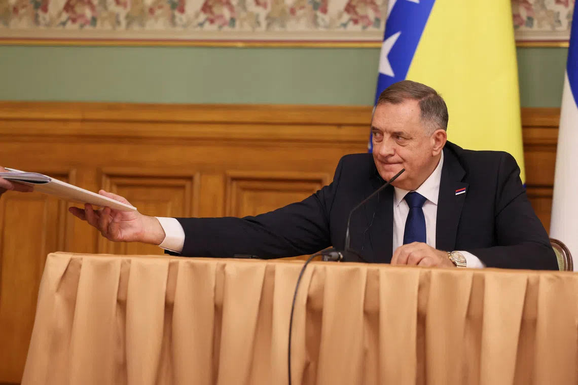Milorad Dodik, who was recently stripped of his mandate as the autonomous Serb Republic's president by Bosnia's election commission, attends a press conference following talks with Russia's Foreign Minister Sergei Lavrov in Moscow, Russia, September 9, 2025. Sergei Ilnitsky/Pool via REUTERS