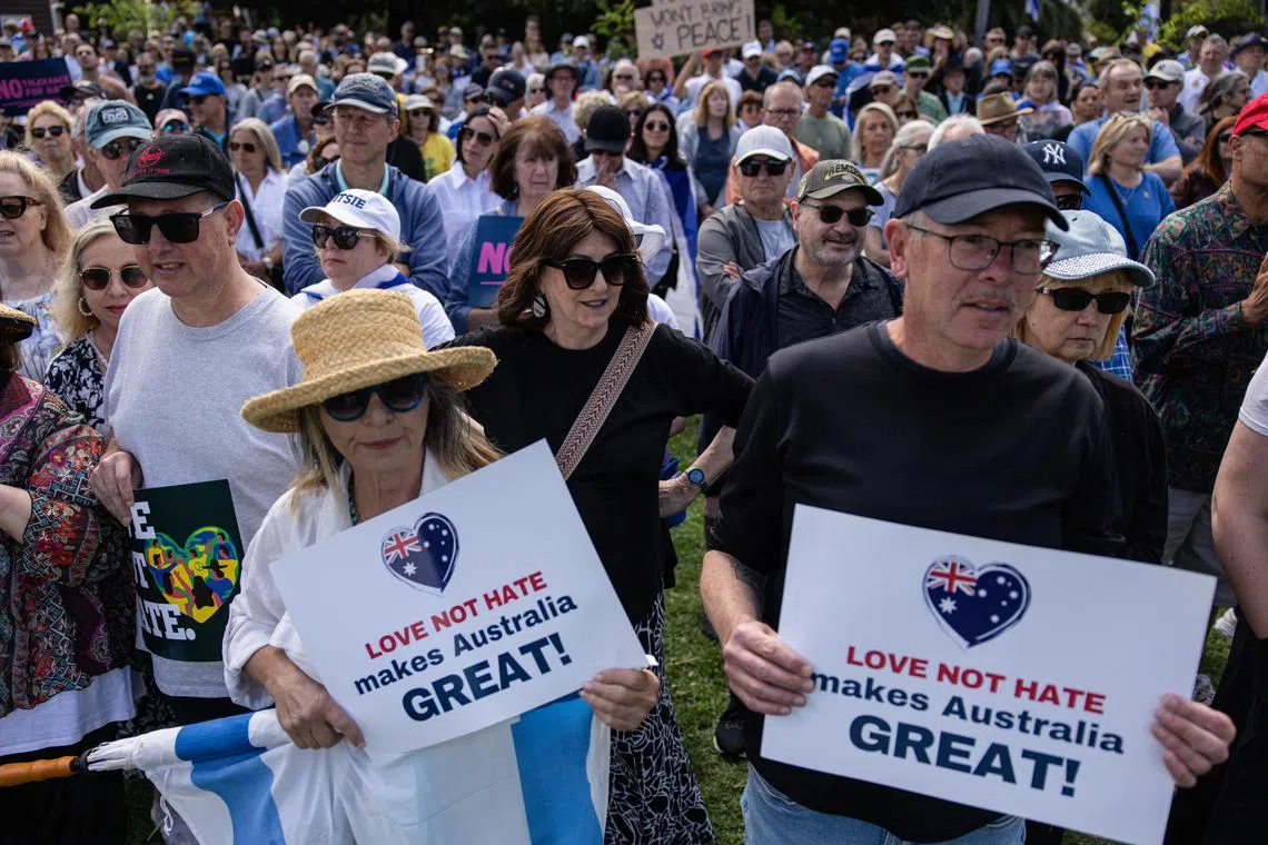 Jewish community supporters gathering during a community solidarity rally on Dec 8 following an arson attack on Adass Israel Synagogue, in Melbourne earlier in the week.