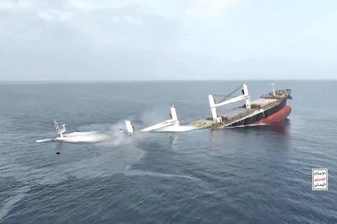 FILE PHOTO: A vessel said to be Greek-operated, Liberia-flagged Eternity C sinks in a footage released by Yemen's Houthis, in the Red Sea, in this screen grab taken from a handout video released on July 9, 2025. HOUTHI MEDIA CENTER/Handout via REUTERS/File Photo