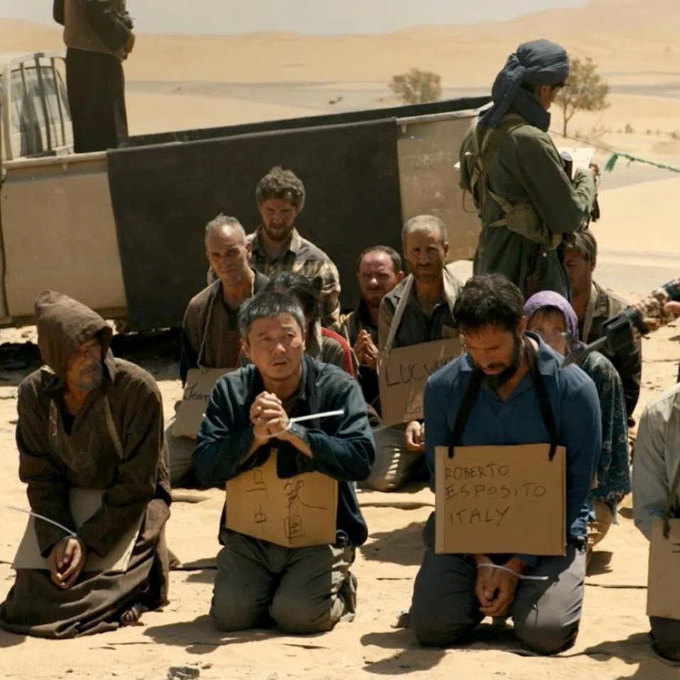 Simon Yam (foreground, left), Xiao Yang (foreground, second from left) and Qi Xi (background, right) in Escape From The Outland.