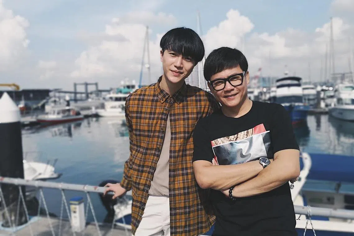Actor Wang Yuqing (right) with his stepson, actor Xavier Ong.