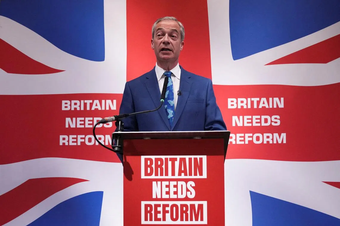 Honorary President of the Reform UK party Nigel Farage speaks during a press conference in London, Britain, June 3, 2024. REUTERS/Maja Smiejkowska