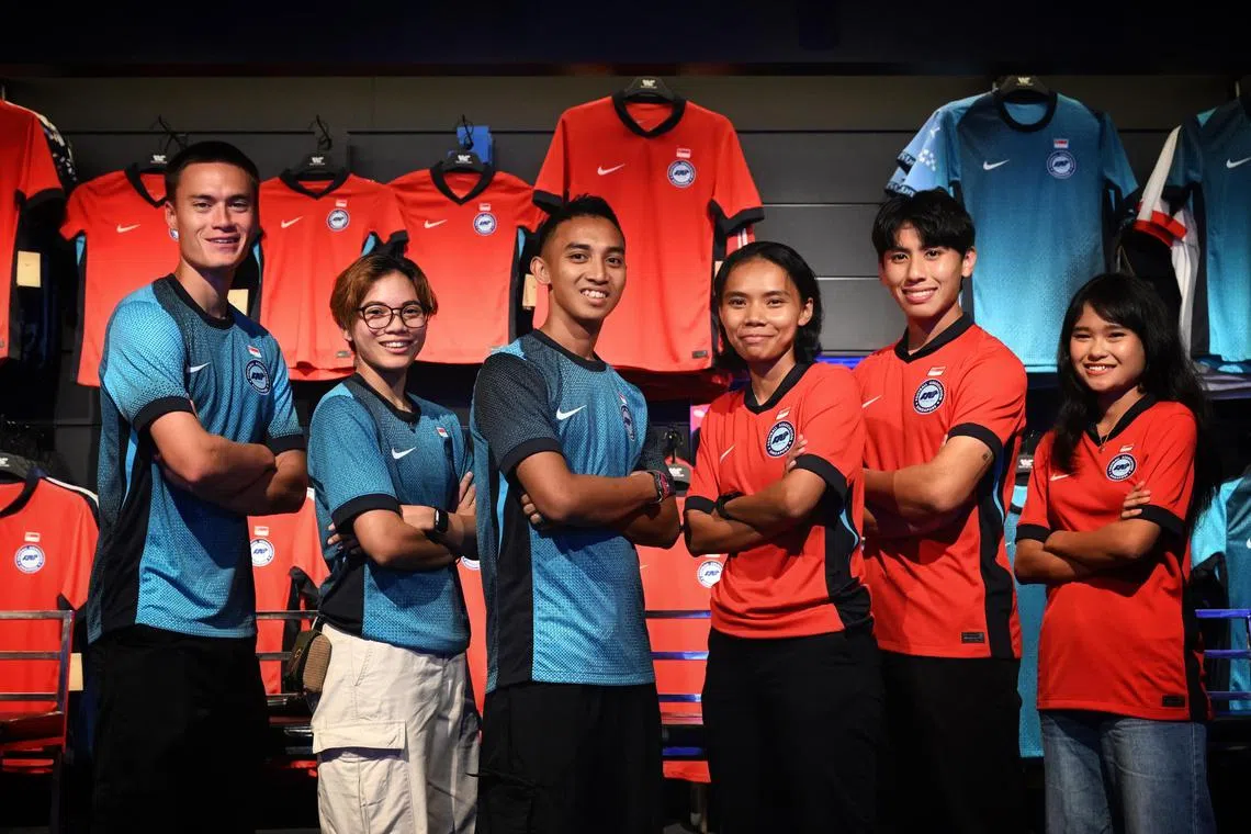 From left: Singapore men's and women's national team players Ryhan Stewart, Farhanah Ruhaizat, Faris Ramli, Rosnani Azman, Glenn Kweh and Nurhidayu Naszri at the new Lions home and away kit launch on September 27, 2024.