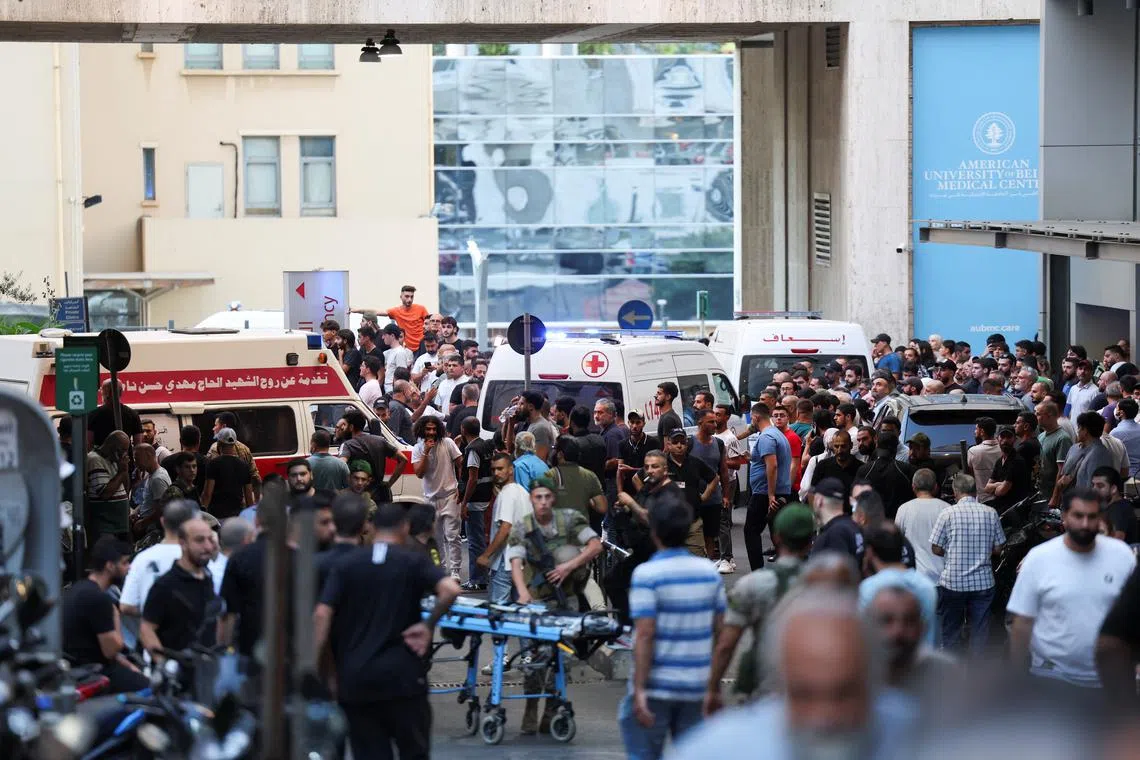 Ambulances arrive to American University of Beirut Medical Center (AUBMC) as more than 1,000 people, including Hezbollah fighters and medics, were wounded when the pagers they use to communicate exploded across Lebanon, according to a security source, in Beirut, Lebanon September 17, 2024. REUTERS/Mohamed Azakir
