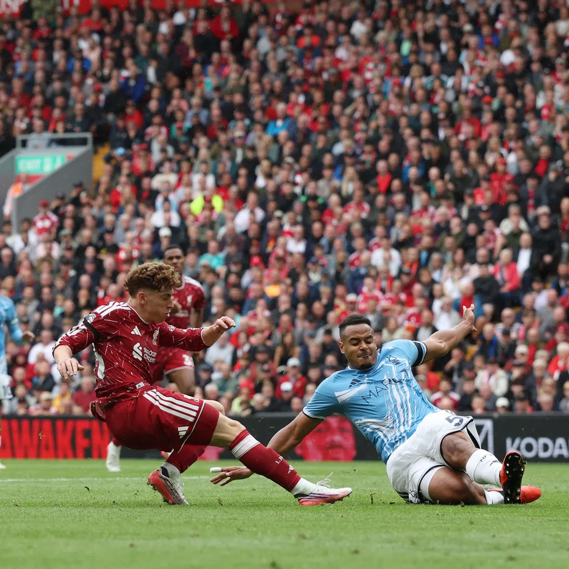 Liverpool’s Victor Munoz scoring their second goal against Nottingham Forest to rescue a point in a 2-2 Premier League draw at Anfield on Aug 29.
