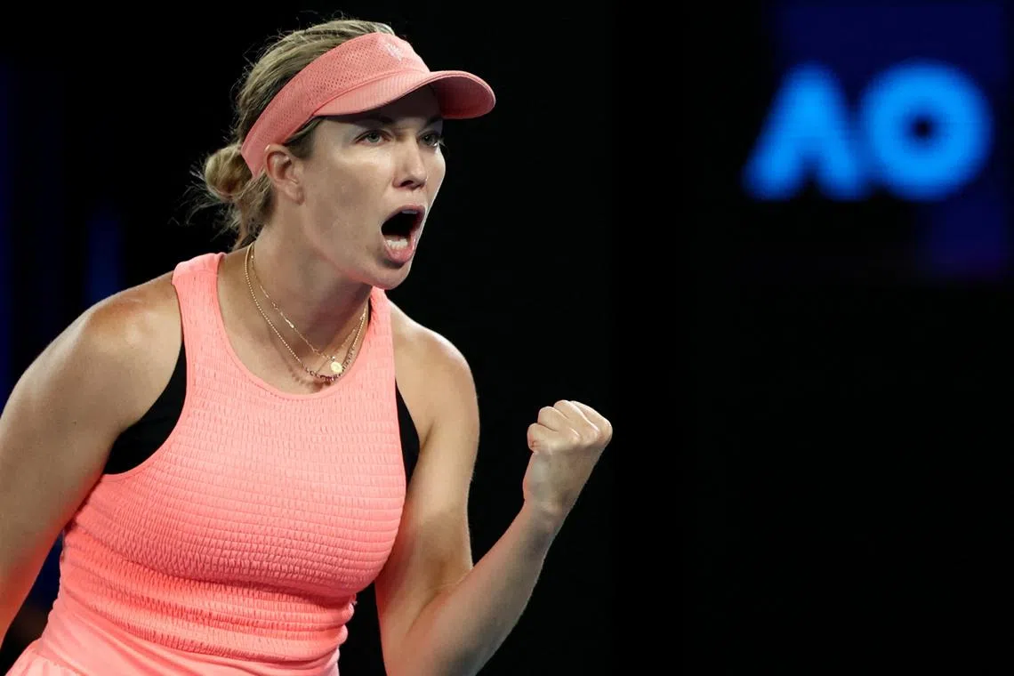 FILE PHOTO: Tennis - Australian Open - Melbourne Park, Melbourne, Australia - January 18, 2024 Danielle Collins of the U.S. reacts during her second round match against Poland's Iga Swiatek REUTERS/Eloisa Lopez/File Photo