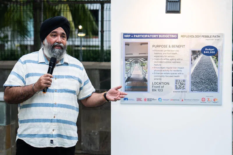 Resident Jagwinder Singh presented his proposal of a reflexology pebble path as part of the Spottiswoode Park Neighbourhood Renewal Programme.