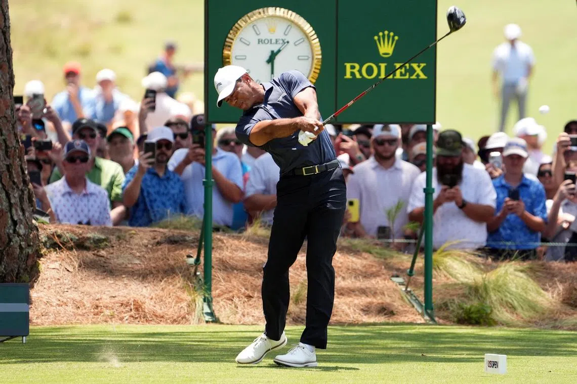 Jun 14, 2024; Pinehurst, North Carolina, USA; Tiger Woods hits on the 2nd hole during the second round of the U.S. Open golf tournament at Pinehurst No. 2. Mandatory Credit: John David Mercer-USA TODAY Sports