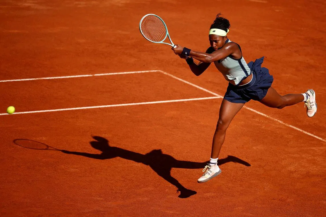 FILE PHOTO: Tennis - Italian Open - Foro Italico, Rome, Italy - May 16, 2024 Coco Gauff of the U.S. in action during her semi final match against Poland's Iga Swiatek REUTERS/Guglielmo Mangiapane