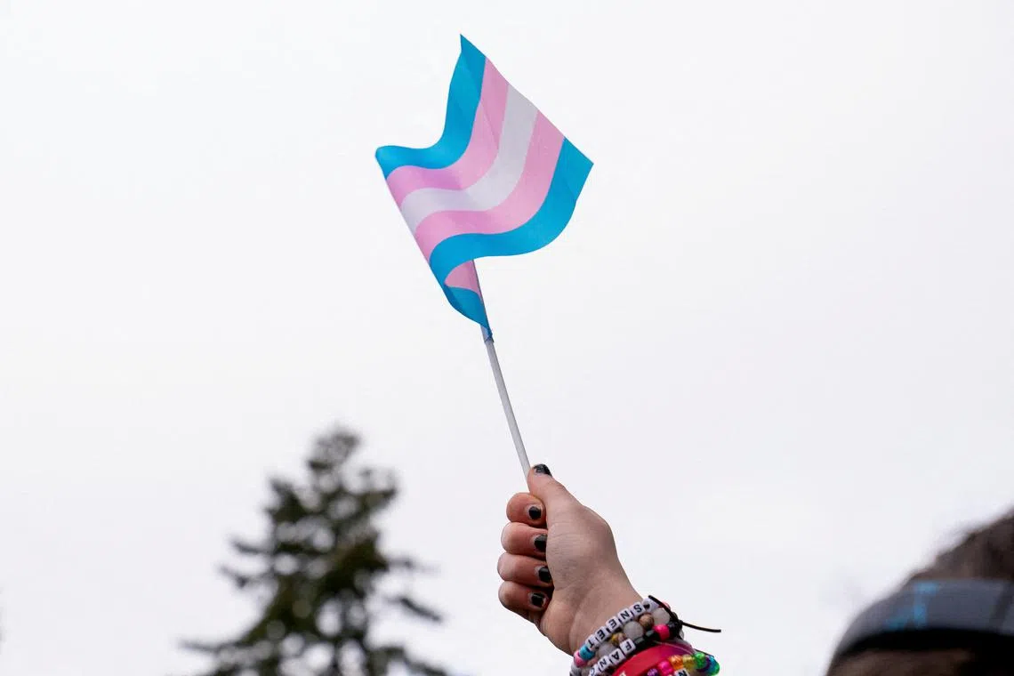 FILE PHOTO: A demonstrator holds a trans flag during a rally in support of trans youth in Seattle, Washington, U.S. February 8, 2025. REUTERS/David Ryder/File Photo