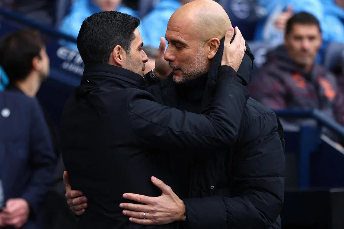 Arsenal manager Mikel Arteta (left) previously worked as an assistant for Manchester City boss Pep Guardiola. Now they are going head to head for the English Premier League title.