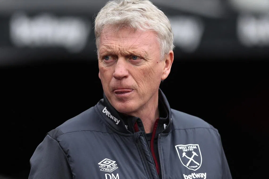 FILE PHOTO: Soccer Football - Premier League - West Ham United v Liverpool - London Stadium, London, Britain - April 27, 2024 West Ham United manager David Moyes reacts REUTERS/David Klein/File Photo
