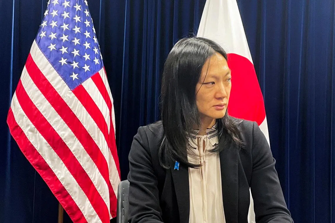 FILE PHOTO: U.S. Special Envoy on North Korean Human Rights Issues Julie Turner speaks to media at the U.S. embassy in Tokyo, Japan February 14, 2024.  REUTERS/John Geddie/File Photo