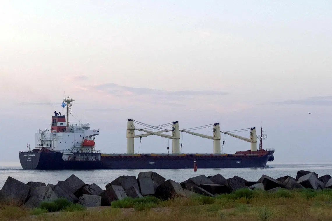 A 2022 photo shows a Lebanese-flagged bulk carrier leaving the sea port of Pivdennyi with wheat for Ethiopia.