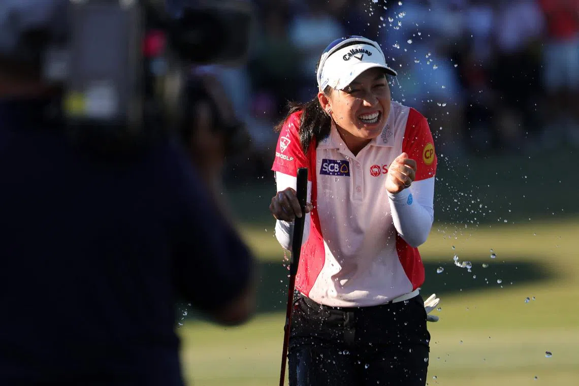 Jeeno Thitikul of Thailand reacting after making a putt for birdie on the 18th green to win the LPGA Tour Championship 2024 at Tiburon Golf Club on Nov 24 in Naples, Florida. 