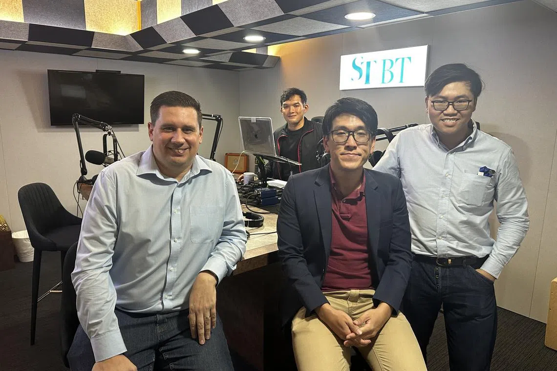 (From left) Mr Gavin Barfield, vice president and chief technology officer for solutions, Salesforce Asean, Assistant Professor Jerrold Soh from the Yong Pung How School of Law, Singapore Management University, ST journalist Tay Hong Yi, and podcast producer Teo Tong Kai (second row).