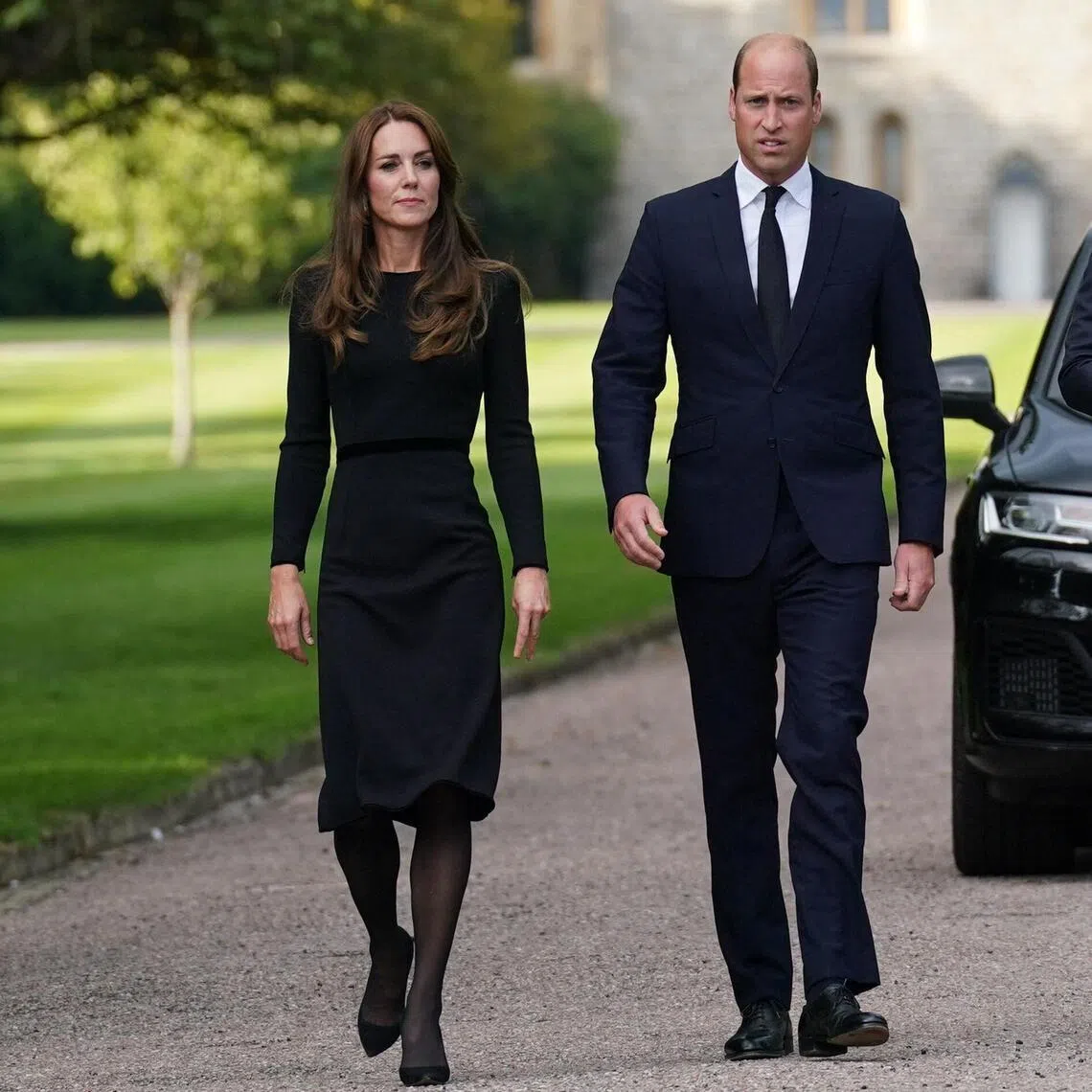(From L to R) Britain’s Catherine, Princess of Wales, Britain’s Prince William, Prince of Wales, Britain’s Prince Harry, Duke of Sussex, and Meghan, Duchess of Sussex on the long Walk at Windsor Castle.