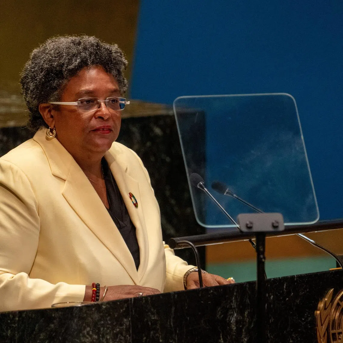 FILE PHOTO: Prime Minister of Barbados Mia Amor Mottley addresses the \"Summit of the Future\" in the General Assembly Hall at United Nations Headquarters in New York City, U.S., September 22, 2024. REUTERS/David Dee Delgado/File Photo
