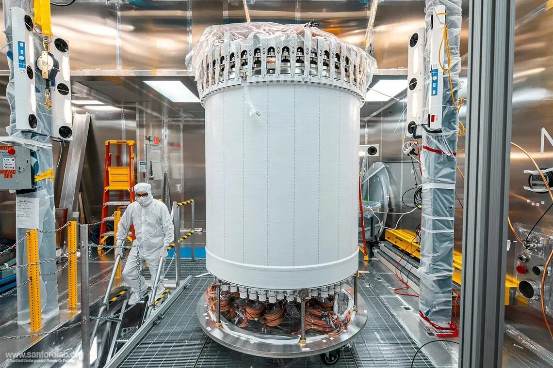 The main detector of the LUX-ZEPLIN dark matter experiment is seen in a surface laboratory before being installed underground at the US’ Sanford Underground Research Facility in Lead, South Dakota.